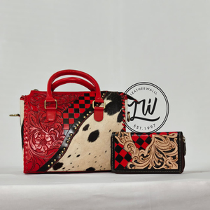 Latest Designer Western Stylish Shoulder Bag High Quality Cowhide Fur Leather Hand Tooled Checker Pattern Multi Color Handbag - Product Image 1