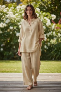 Ensemble de pyjama d'été pour femme en gaze de coton, écologique, respirant, doux, long, adorable, avec caraco et tenue d'intérieur - Product Image 2