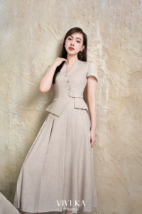 Women's Beige Solid Office Lady 2-Piece <b>Set</b> V-Neck Short Sleeve <b>Blazer</b> Top Pleated Midi Skirt All Seasons Outfit DYLAN - Product Image 4