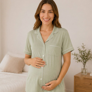 Conjunto de pijama de maternidad para mujer, manga corta, largo completo, algodón, transpirable, color sólido, cuello vuelto, ajuste holgado, ropa de dormir de primavera - Product Image 4
