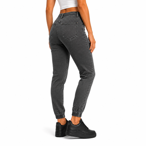 High <b>Waist</b> Dark Grey Skinny Denim <b>Jeans</b> <b>With</b> Drawstring <b>Elastic</b> <b>Waist</b> And Cuffed Hem Casual Women's Full Length Jogger Pants - Product Image 6