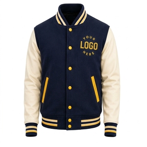 Veste universitaire bleu marine pour homme avec manches crème et bordure jaune, style preppy, boutonnée sur le devant, en coton, coupe classique, pour l'automne - Product Image 1