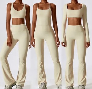 Brown 4 Piece Yoga Set <b>Crop</b> Top Mid Waist Full Length <b>Leggings</b> Seamless Four Way Stretch Spandex/Nylon Plus Size Front - Product Image 4