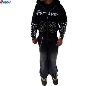 Ensemble 2 pièces unisexe : Sweat à capuche d'hiver et pantalon évasé coupe empilée, avec logo personnalisé et imprimé strass, coupe-vent personnalisé délavé à l'acide - Product Image 2