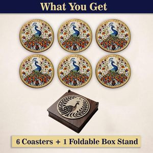 Royal Peacock Design <b>Wooden</b> Coasters Set of 6 with Folding Box Holder Round Heat Resistant <b>Table</b> <b>Mats</b> Oriental Style - Product Image 2