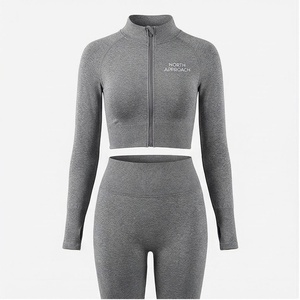 North Approach 2 Piece Yoga Set Full Length <b>Zipper</b> Front Solid Gray Crop <b>Top</b> High Waist Leggings Breathable Sportswear - Product Image 1