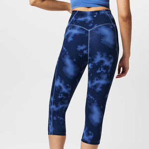 Women's High Waist <b>Capri</b> <b>Leggings</b> Blue Tie Dye Print Knitted Spandex Stretch Sporty All Seasons Pockets - Product Image 4