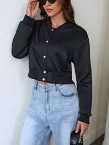 Saleh Enterprises Women's Cropped Varsity Jacket Solid Black Full Sleeve Stand Collar <b>Covered</b> <b>Button</b> Closure Winter Streetwear - Product Image 4