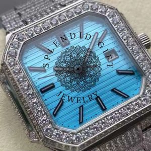 Splendide montre de luxe avec diamants carrés, 28 mm, argent, moissanite, mouvement analogique ETA, résistance à l'eau 10 m, saphir - Product Image 6