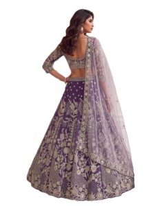 Purple Embroidered Butterfly <b>Net</b> Semi-Stitched Lehenga Choli with Dupatta Floral Design Traditional Indian Wedding Wear Women's - Product Image 3