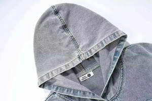 Logo imprimé personnalisé streetwear sans ficelle sweat à capuche en coton lavé à l'acide épais poids lourd surdimensionné denim sweat à capuche homme - Product Image 5