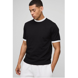 Camiseta Negra de Manga Corta para Hombre, Cuello Redondo, Ribete en Contraste, Corte Regular, 100% Algodón Jersey, Estilo Casual - Product Image 1