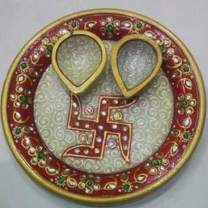 Wholesale Indian Traditional Handcrafted Marble Pooja Thali Set Decorative Studded Swastik Design Puja Plate For Pooja Favor - Product Image 2