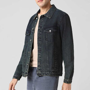 Veste en jean pour homme OEM style urbain, coupe droite, col montant, hiver, avec patchs personnalisés imprimés et brodés, effet vieilli - Product Image 1