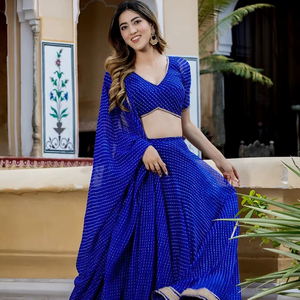 Lehenga Choli de Georgette Suave con Estampado Leheriya, Cordón Zari y Borde de Encaje, Estilo Bollywood Largo hasta el Suelo para Fiestas y Vestimenta Étnica - Product Image 1