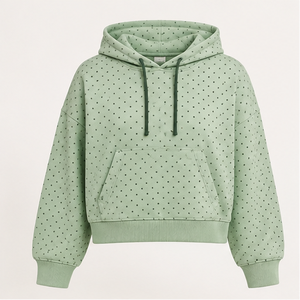 Sweat à capuche personnalisé pour femme, coupe ample et courte, motif micro-quadri et pois, en coton biologique French Terry, couleur menthe pâle - Product Image 1