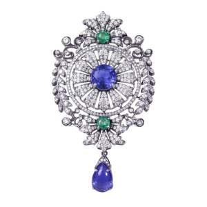 Gold-Plated Tanzanite Emerald and Diamond Unisex Brooches aka Necklaces - Product Image 1