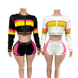 Ensemble 2 pièces OEM pour femme : Haut court zippé à manches longues color block et short taille haute à cordon de serrage – Tenue assortie - Product Image 5