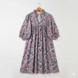 Robe midi bohème en coton à imprimé floral pour femmes, avec manches bouffantes, coupe ample, col en V, robe d'été décontractée - Product Image 5