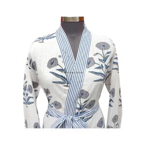 100% Cotton <b>Kimono</b> Robe Floral V-Neck <b>Long</b> Sleeves Soft Breathable Quick Dry Women's Sleepwear Gown Belt Closure Full Length - Product Image 3