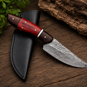 Couteau de chasse artisanal en acier Damas, personnalisé, pour le camping en plein air, manche en bois, étui en cuir, longueur totale de 12 pouces, lame à pointe clip. - Product Image 5
