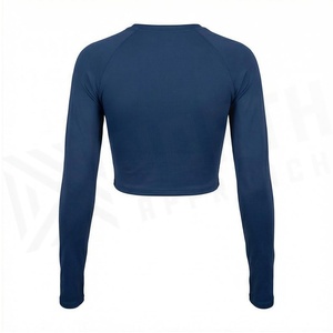 North Approach Women's Long Sleeve <b>Crop</b> <b>Top</b> Crew Neck Solid <b>Blue</b> Breathable Yoga Wear Spandex Polyester - Product Image 2