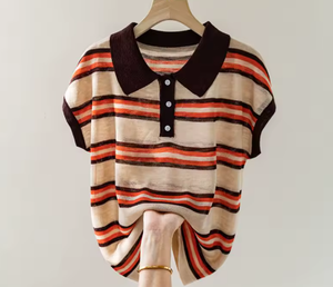 T-shirt en twill à rayures contrastées et revers, à manches courtes, pour femme, coupe ample et décontractée, idéal pour l'hiver, avec logo personnalisé - Product Image 3