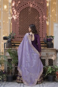 Georgette Zari Gown <b>Flared</b> Maxi <b>Sequin</b> Gold Crush Lace Dupatta Heart Neck Stitched Women Two Piece Festive Salwar Suit Set - Product Image 6