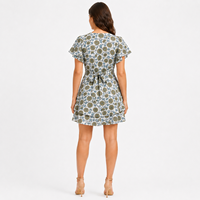 Robe d'été courte à volants pour femme, en coton tissé imprimé à la main, style bohème, col en V, manches flottantes, à nouer dans le dos, motif floral