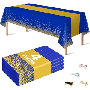 Paquete de 4 Manteles Desechables de Plástico, Diseño Rectangular Azul Rey y Dorado, para Fiestas, Graduaciones, Bodas, Cumpleaños - Product Image 1