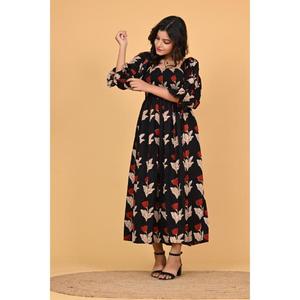 Robe longue en coton imprimée à la main pour femme, style bohème, coupe trapèze, taille élastique, pour l'automne et l'été, tenue décontractée quotidienne - Product Image 3