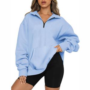 Sudadera con capucha corta de forro polar con media cremallera, oversize, color liso, informal, unisex, azul, para otoño e invierno - Product Image 5