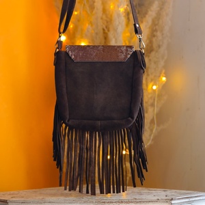 New Premium Quality 100% Genuine Leather Crossbody Shoulder <b>Sling</b> <b>Bag</b> Vintage Animal Print Western Hair Hide Fur Long Fringe - Product Image 3