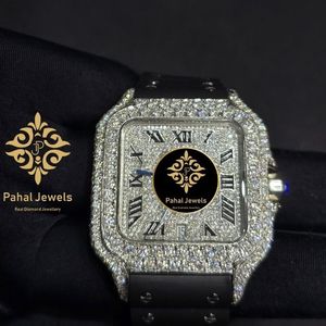Montre de luxe Pahal Jewels avec diamants carrés, boîtier en acier inoxydable, bracelet en cuir, mouvement mécanique analogique, 40 mm, 20 mm, verre saphir - Product Image 3
