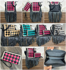 Western Hand Tooled Checkered Leather Fringe Crossbody & Clutch Set Stylish Two Piece Matching Bag Combo Boho Shoulder Purse - Product Image 3