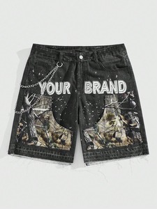 Pantalones Cortos Bermuda de Mezclilla para Hombre Daniel W. Fletcher, Color Negro, Ecológicos, con Lentejuelas y Bordado de Letras en la Parte Delantera, Estilo Urbano - Product Image 4