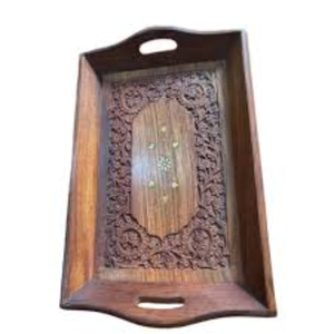 Plateau de service rectangulaire en bois de Sheesham sculpté à la main avec incrustations florales, style marocain, plateau décoratif pour boissons avec poignées - Product Image 1