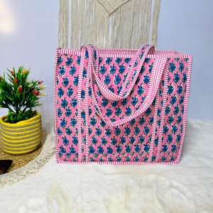 Bolsa de Mano Artesanal de Algodón Indio, Azul con Estampado Floral, Acolchada, con Cierre Abierto, Reutilizable, Ecológica, para Compras Diarias - Product Image 2