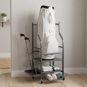 Étagère de rangement pour matériel de golf en métal durable avec roulettes, quatre niveaux, pour équipement sportif d'intérieur, design minimaliste multifonctionnel, type sur pied - Product Image 1