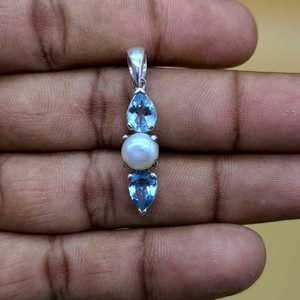 Juego de puntas de Topacio Azul y Perla, colgante de diseñador bohemio de plata fina 925 raro, piedras naturales hechas a mano artesanales - Product Image 6