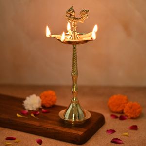 Handcrafted Brass Diya Stand Pair with Artistic Back Pattern, Multi Wick Oil Lamp for <b>Home</b> <b>Temple</b> Puja and Festive Use - Product Image 3