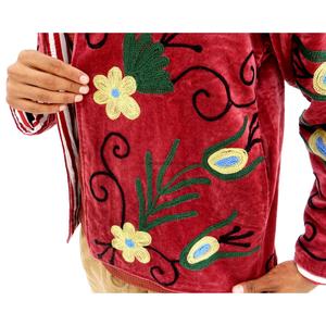 Red Velvet Knitted Cotton Fleece Jacket with Hand Embroidered Floral Pattern Full Sleeve Mandarin Collar Open <b>Stitch</b> Winter Wear - Product Image 3