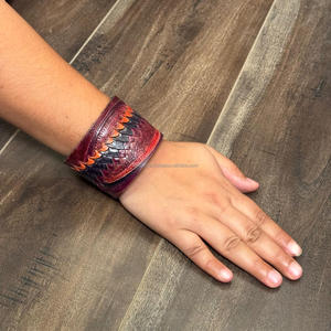 Custom Hand Tooled Leather Bracelet with Dragon <b>Scale</b> Design Handmade Adjustable Wristbands for Men & Women OEM ODM Available - Product Image 4