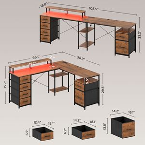 "<b>Rustic</b> Brown Reversible L Shaped Computer <b>Desk</b> with File Drawer Power Outlets & LED Lights-Bookshelf Option" - Product Image 3