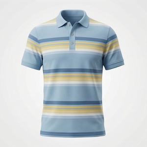 Polo à manches courtes rayé bleu clair pour homme, tricoté, coupe classique, boutons - Product Image 1