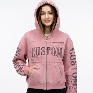 เสื้อฮู้ดดี้สตรีทแวร์ผ้าฝ้ายทรงโอเวอร์ไซส์พิมพ์ลายกราฟิกแบบ Dirty Wash ซิปหน้า ตกแต่งด้วยคริสตัลทรงกล่อง ยี่ห้อ SHY SPORTS แบบสั่งทำพิเศษ - Product Image 4