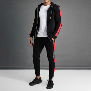 Men's Black Hooded Tracksuit Full Length Sweatshirt Jogger Set Striped Red Side Panels Breathable Polyester Autumn Wear - Product Image 1