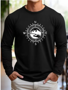 เสื้อยืดแขนยาวคอกลมพิมพ์ลายเข็มทิศภูเขาสำหรับผู้ชาย ผ้าฝ้ายแท้ 100% ทรงหลวม ใส่สบาย เหมาะสำหรับเล่นกีฬาและพักผ่อน - Product Image 3