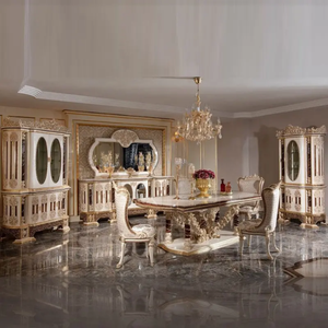 Ensemble de table à manger en bois d'acajou de style classique européen élégant, meubles de salle à manger de luxe sculptés à la main en or ivoire avec buffet - Product Image 2
