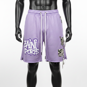 Short de bain en maille polyester premium lavande avec empiècements de poches cargo camouflage et logo personnalisé imprimé en sérigraphie – Short en maille pour homme - Product Image 5